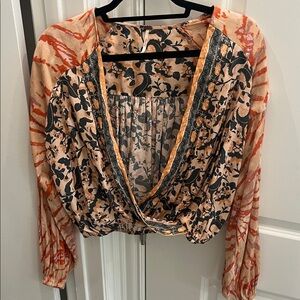 Free People Peach and Black Floral Blouse